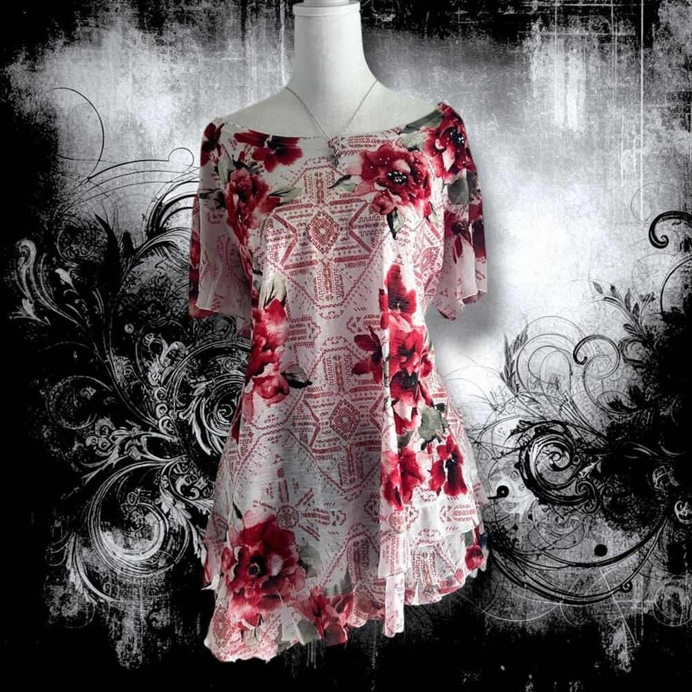 dreamy dusty-red aztec geometric rose blooms mcbling top